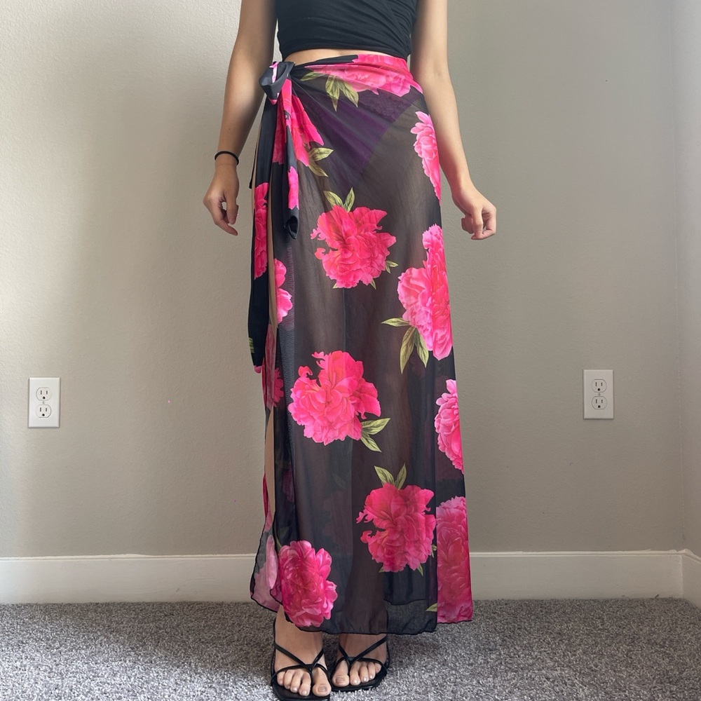 Y2K pink and black floral mesh wrap skirt cover up